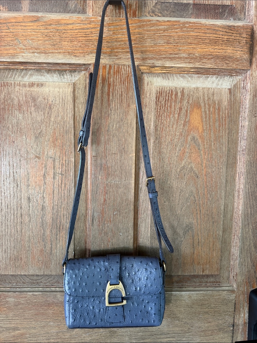 Dooney & Bourke Blue Ostrich-Embossed Crossbody with Gold Buckle